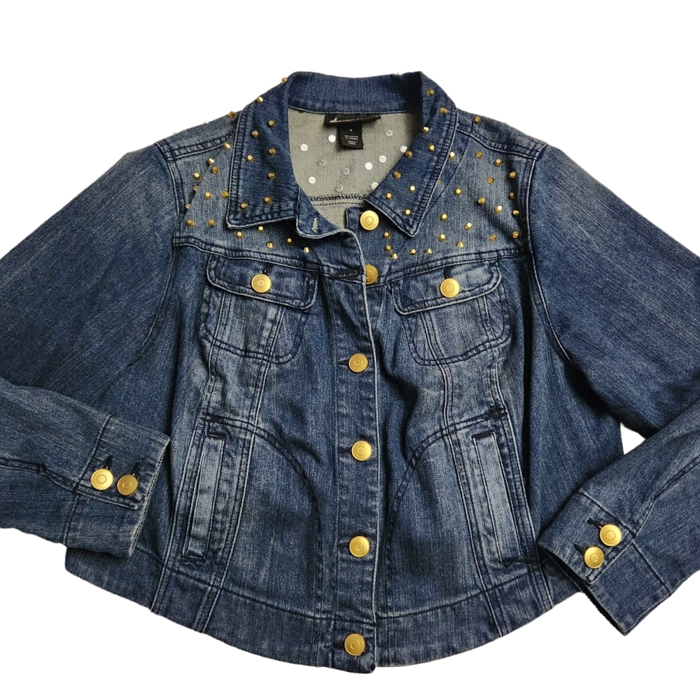 Lane Bryant Gold Studded Denim Jacket Size 16 Cropped Blue Jean Jacket